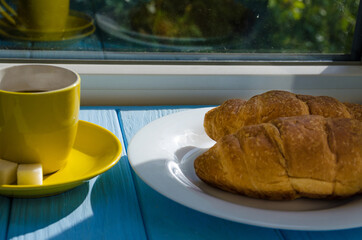 still life of cake with cup of coffee highlighted by sunlight