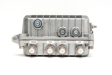 CATV system hanging on black optical fiber cables for amplify TV signals installed with coaxial cables