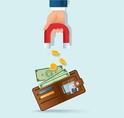 hand holding magnet attracting money from a wallet vector illustration 