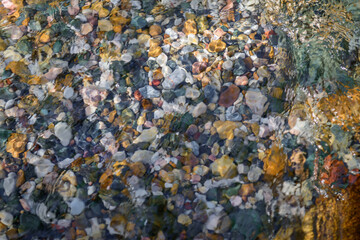 Rocky bottom of mountain stream, close-up. Colorful stones under clear water. Beautiful distortion background. Natural mosaic of small stones. Image for ceramic tile design, bathrooms.