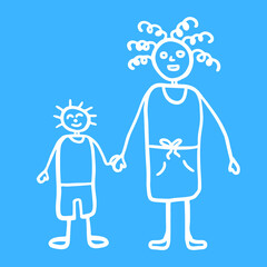 Silhouette of mama and son walking together outdoors, smiling and holding hands,  raster