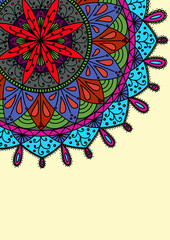Colorful hand drawn mandala with flowers and copy space, anti stress therapy pattern, coloring book,  raster