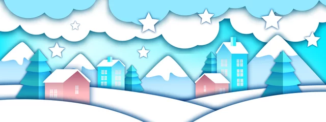 Poster Winter vector paper cut landscape with toy Santa village, mountains, snow, pine trees. Christmas holiday craft background with small houses, drifts, clouds, stars. X-mas winter flat landscape banner © Oleksandra