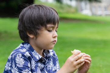 Hungry kid boy eating homemade bread sandwiches with mixed vegetables, Child siting on green grass eating his snack picnic in the park. Summer holidays in the camp