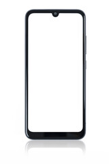 Front view of a new modern black smartphone mockup with blank white screen and mirror reflection isolated on a white background (high details).