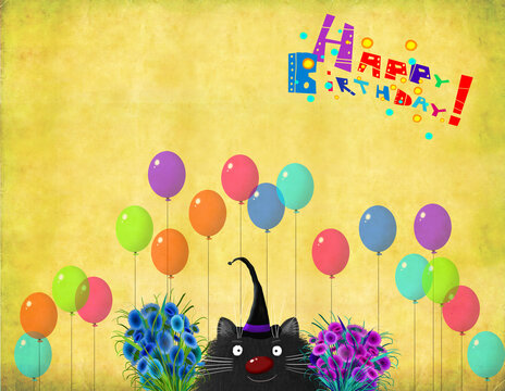 Greetings Card Cat With Colorful Balloons and Flowers