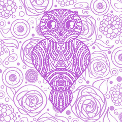 Square pattern with owl on white. Design Zentangle. Hand drawn background. Colorful art