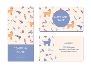 Dog grooming company business card and brochure design. Golden Retriever and grooming products, shampoos, wire cutters, combs, scissors. Vector ilustrations in cartoon style