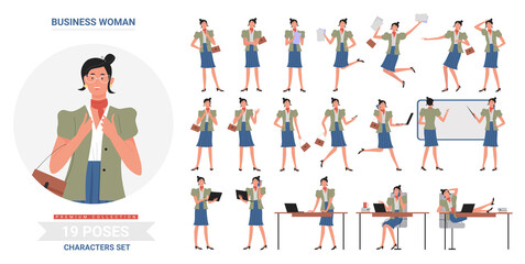 Fototapeta na wymiar Business woman working poses infographic vector illustration set. Cartoon flat busy female character at business work with laptop or study in different postures, standing and running isolated on white