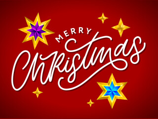 Merry Christmas card with hand drawn lettering and stars on dark background. Cute Holiday golden frame background