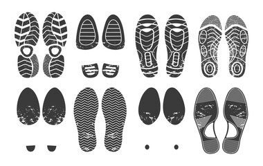 Human footprint. Footwear steps silhouette, shoes, boots, sneakers footstep print of men and women, textured steps. Dirty shoes print, shoes footprints on asphalt and ground, step silhouette