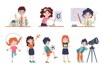 School children in classroom on lessons. Back to school vector illustration. Cute schoolchild's at lesson of chemistry, drawing, sketching, physical education, astronomy, in library on school ruler.