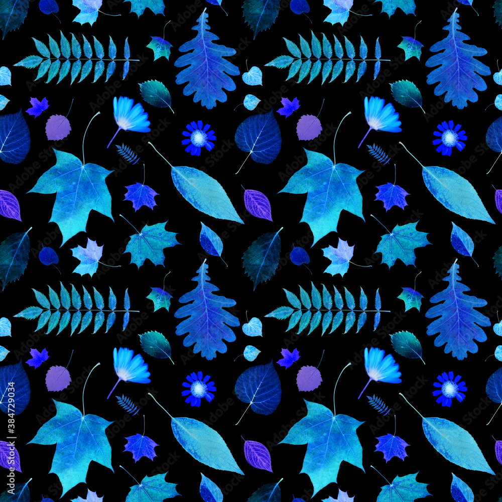 Poster seamless pattern of autumn leaves isolated on black background