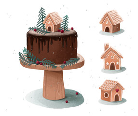 Christmas fruit cake and set of gingerbread houses. Colorful  illustration.