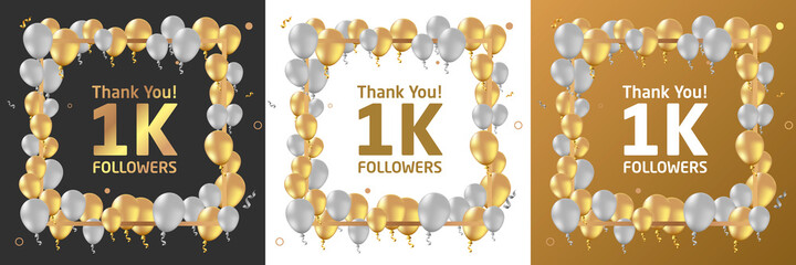 Thank you, 1k or one thousand followers or subscribers celebration design. Social media background made of gold black and white balloon. Vector illustration.