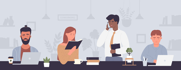 Coworking people vector illustration. Cartoon flat freelance businessman coworkers, young employee team of characters sitting together at table or desk, working on tasks, business teamwork background