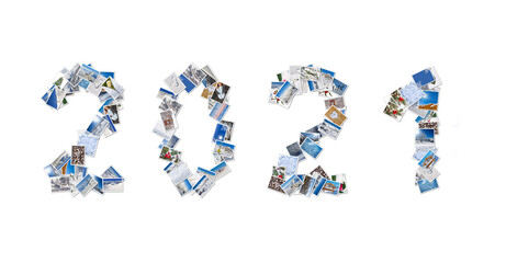 2021, snow and winter stack of photos isolated on panoramic white background