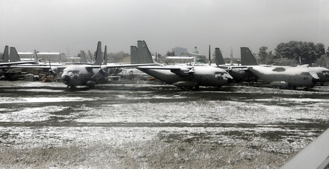 Abandoned transport planes covered in snow stored at Kabul Airport in Afghanistan