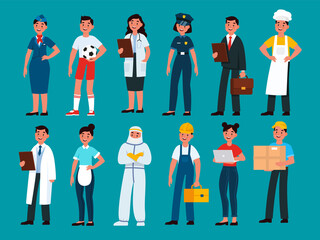 Professionals. Builder and policeman, stewardess and waiter, chef and businessman, delivery man and doctor, football player, housekeeper and engineer specialist in uniform vector character