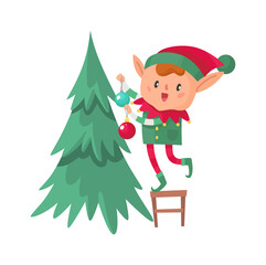 Elf decorates Christmas tree. Santa Claus cute fantasy helper, adorable dwarf on chair with xmas ball and fir-tree for winter holidays, New Year celebration vector cartoon character