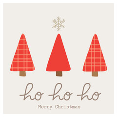 Handwritten Ho Ho Ho Christmas lettering and red plaid trees illustration. Vector design element. Great for Christmas cards, stickers, labels, tags, icons.