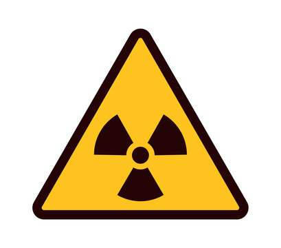 Warning sign. Yellow triangle with black attention symbol, radioactive area emblem, dangerous pollution industrial zone pictogram, beware radiation hazards flat vector illustration