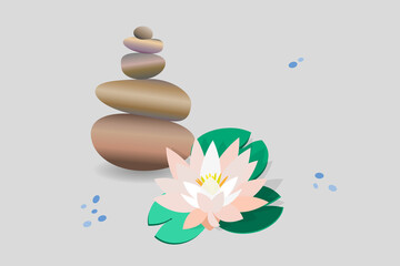 Obraz na płótnie Canvas Zen stone balance, delicate white lotus flower, water lily. 3D image of stones, flowers. Vector illustration for spa salons, yoga studios, relaxation studios.