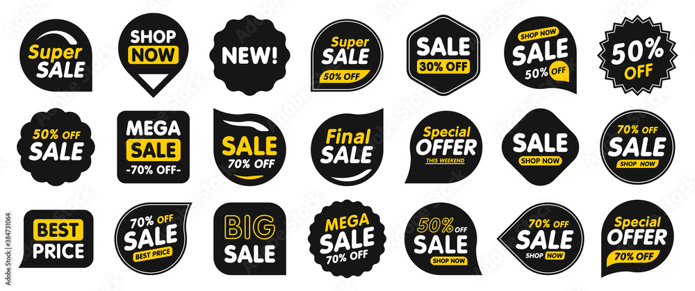 Wall mural Set of Sale badges. Sale quality tags and labels. Template banner shopping badges. Special offer, sale, discount, shop, black friday. Vector illustration.