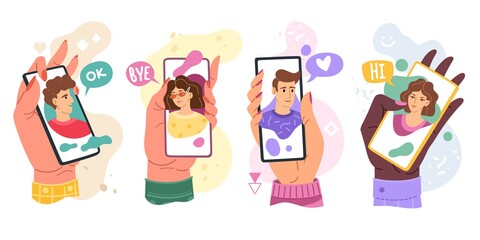Chatting phones. Hands with smartphones video messaging. Phones screens with people faces, facetime video link apps, online communication with friend cartoon flat vector bright set