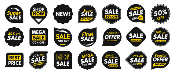 Set of Sale badges. Sale quality tags and labels. Template banner shopping badges. Special offer, sale, discount, shop, black friday. Vector illustration.