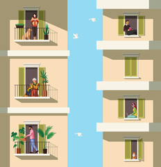 Neighbors on balconies. People rest with pets, reading, watering plant on balcony apartment building quarantine period covid-19 pandemic, stay home concept flat vector illustration
