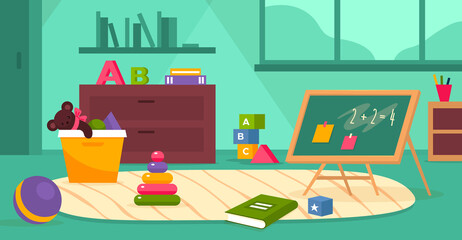 Kindergarten room. Kids playroom with toys, ball and books furniture without children. Preschool class empty nursery interior, playground and education area vector flat illustration