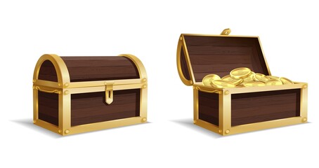 Two large chests. Open, closed chest, pile of gold coins inside vintage wooden trunk, medieval mystery pirate treasures, prize profit or success symbol vector set on white background