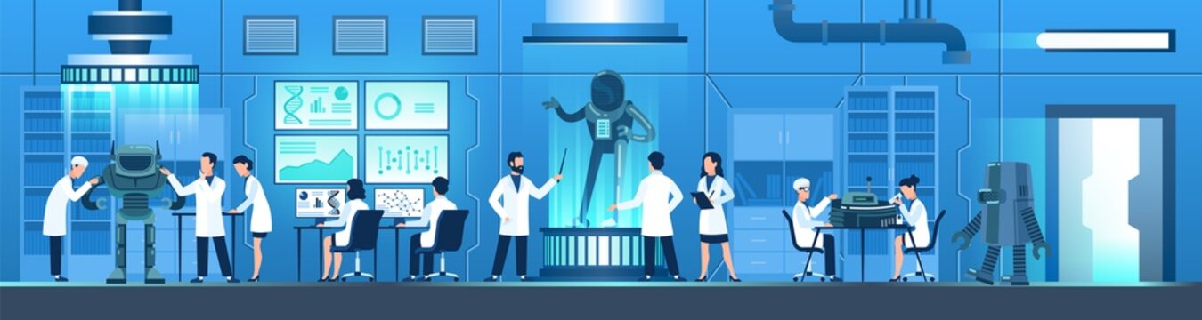 Science researching lab. People in white uniform create robot, researchers work on computers, doing modification tests, doctor and engineer scientist in laboratory vector flat illustration