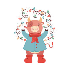 Cute cartoon baby bull with a sparkling Christmas garland. Funny ox in clothes, scarf, boots, winter jacket. Symbol 2021 New year. Holiday card or banner for Christmas, new year. Vector illustration.