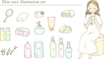 スキンケアする女性とスキンケア用品のイラストセット