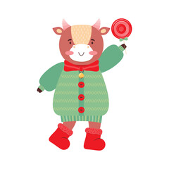 Cute cartoon girl baby bull with sweet lollipop. Funny ox in clothes, scarf, boots, winter jacket, bow, bell. Symbol 2021 New year. Holiday card or banner for Christmas, new year. Vector illustration.