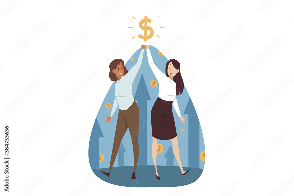Wall mural Success, teamwork, goal achievement, business concept. Team of young happy smiling businesswomen clerks managers holding dollar sign above together. Successful investment and money profit illustration - Wall murals