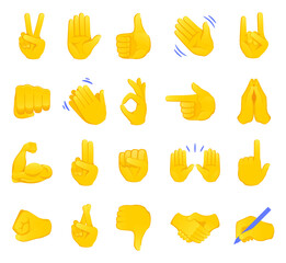 Hand gesture emojis icons collection. Handshake, biceps, applause, thumb, peace, rock on, ok, folder hands gesturing. Set of different emoticon hands isolated illustration.