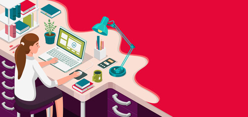 Learning online at home. Student sitting at desk and looking at laptop. E-learning banner. Web courses or tutorials concept. Distance education flat isometric illustration.