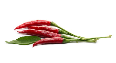 Fresh red spicy peppers, paprika with green leaf isolated on white background 