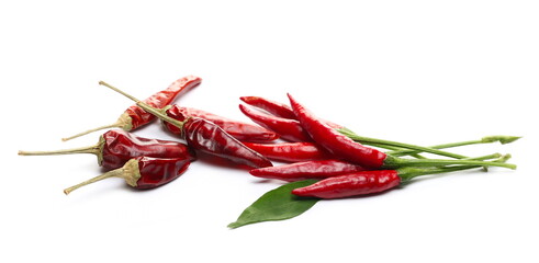 Fresh red spicy peppers, paprika with green leaf isolated on white background 
