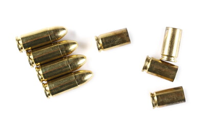 9mm pistol bullets and casings isolated on white background, top view