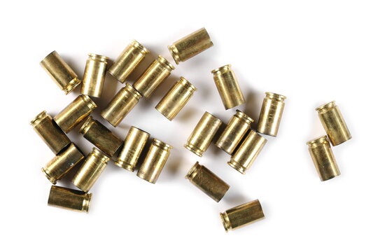 9mm pistol bullet casings isolated on white background