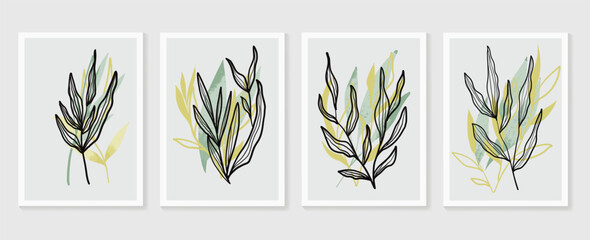 Botanical wall art vector set. Earth tone boho foliage line art drawing with  abstract shape.  Abstract Plant Art design for print, cover, wallpaper, Minimal and  natural wall art..