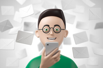 Cartoon brunet man in green t-shirt and black glasses using smartphone with white falling mails on background.