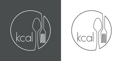 Logotipo lineal con texto kcal en círculo con cubiertos en fondo gris y fondo blanco © teracreonte