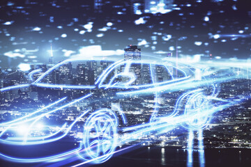 Double exposure of transport theme hologram drawing and city view background. Concept autopilot.