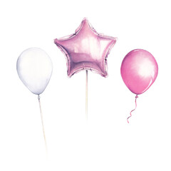 Watercolor air balloons. Watercolor set of pink and white balloons isolated on white background. Greeting decor