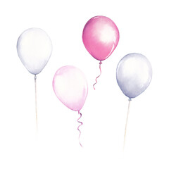 Watercolor air balloons. Watercolor set of pink and white balloons isolated on white background. Perfect for invitation, wedding, greeting cards, birthday or Valentine's Day